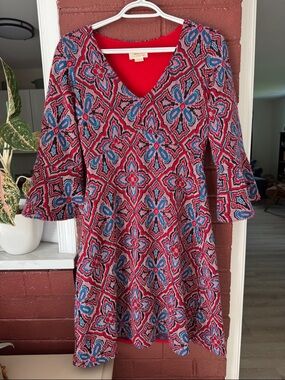 Anthropologie Red and Blue Geometric Floral V-Neck Long Sleeve Dress XSmall